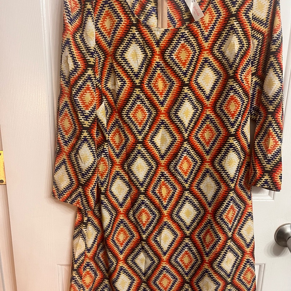 Yadaha Women’s Mini Dress Orange With Geometric Print. Made In The USA